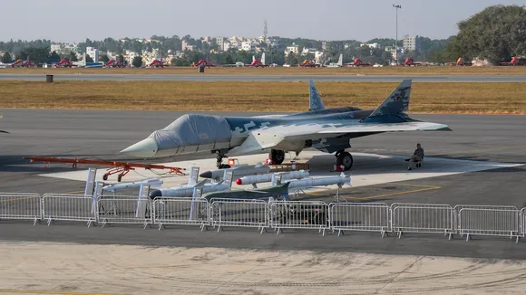Sukhoi SU-57 aircraft on display ahead of the Aero India 2025, at the Yelahanka Air Force Station in Bengaluru on Sunday, Feb 9, 2025.
