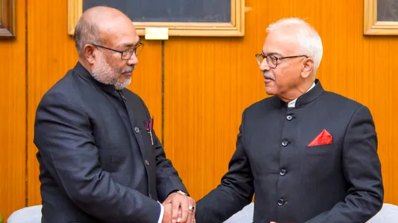 Manipur Chief Minister N Biren Singh greets the newly-sworn Governor Ajay Kumar Bhalla during a ceremony at Raj Bhavan in Imphal on Sunday, Feb 9, 2025.