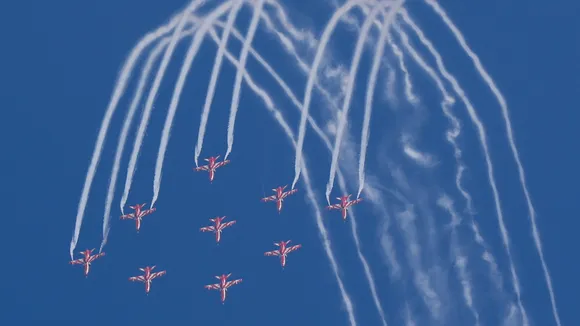 IAF's Surya Kiran Aerobatic Team (SKAT) showcases aerobatic skills during the inauguration of the 15th edition of Aero India 2025 at Yelahanka Airbase in Bengaluru on Monday, Feb. 10, 2025.