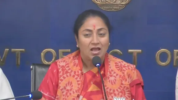 Delhi CM Rekha Gupta addresses the press conference after the first cabinet meeting on Thursday, Feb 20, 2025.