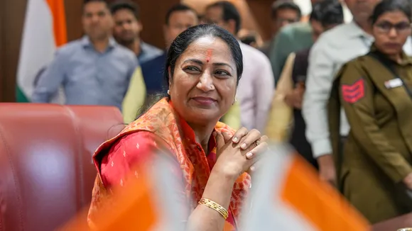 Newly sworn-in Delhi Chief Minister Rekha Gupta assumes charge at the state secretariat in New Delhi on Thursday, Feb. 20, 2025.