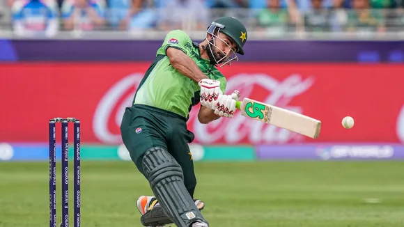 Pakistan's Khushdil Shah plays a shot during ICC Champions Trophy match against India in Dubai on Sunday, Feb. 23, 2025. 