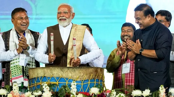 Narendra Modi with Himanta Biswa Sarma attends mega tribal dance event Jhumoir Binandini in Guwahati, Assam.