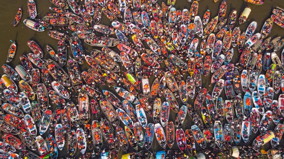 A drone shot of devotees taking a boat ride during ongoing Mahakumbh Mela at the Sangam in Prayagraj on Monday, Feb. 17, 2025.