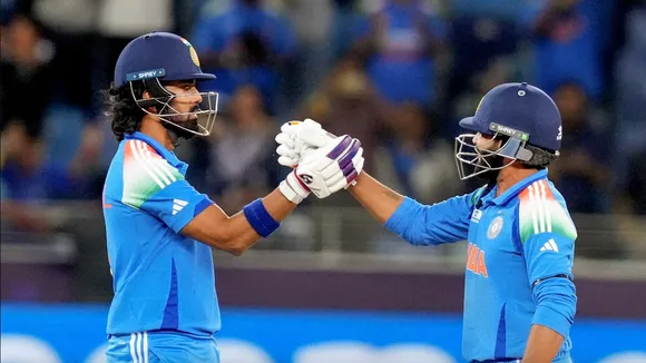 KL Rahul and Ravindra Jadeja congratulate each other as India defeat New Zealand to pick up Champions Trophy 2025 in Dubai on Sunday, March 9, 2025.