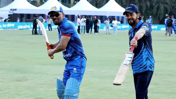 Bollywood actor Suniel Shetty and BJP leader Anurag Thakur during a friendly T20 cricket match between politicians and actors organised as part of the TB Mukt Bharat awareness campaign at the MCA Cricket Stadium in Mumbai on Saturday, March 22, 2025.