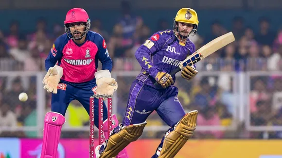 Kolkata Knight Riders' batter Quinton de Kock plays a shot during IPL match against Rajasthan Royals in Guwahati on Wednesday, March 26, 2025.