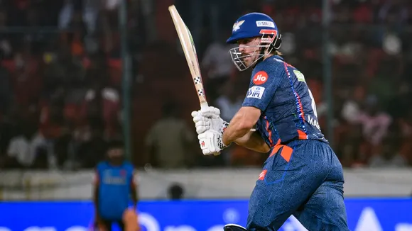Lucknow Super Giants' Mitchell Marsh plays a shot during an IPL 2025 match against Sunrisers Hyderabad at Rajiv Gandhi International Cricket Stadium, Uppal in Hyderabad on Thursday, March 27, 2025.
