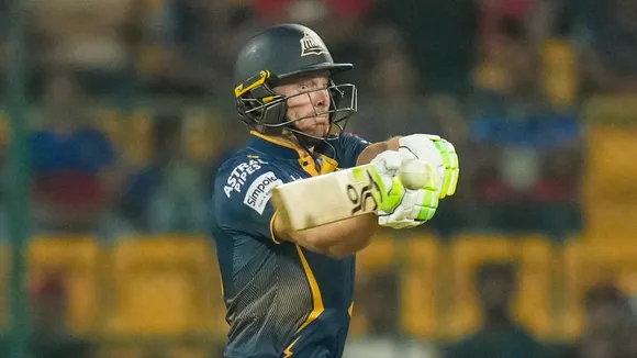 Gujarat Titans’ Jos Buttler plays a shot during an IPL match against Royal Challengers Bengaluru at M Chinnaswamy stadium in Bengaluru on Wednesday, April 2, 2025.
