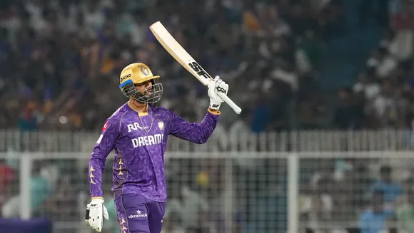 Kolkata Knight Riders' Venkatesh Iyer celebrates his half century during an IPL match against Sunrisers Hyderabad at Eden Gardens in Kolkata on Thursday, April 3, 2025.