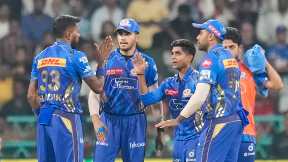 Mumbai Indians' Hardik Pandya with teammates celebrates the wicket of Lucknow Super Giants' Aiden Markram during an IPL match against Lucknow Super Giants in Lucknow on Friday, April 4, 2025.
