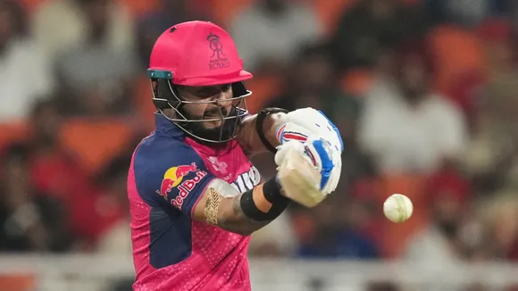 Rajasthan Royals’ Riyan Parag plays a shot during an IPL match against Punjab Kings in New Chandigarh on Saturday, April 5, 2025.