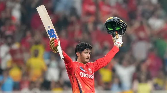 Punjab Kings' Priyansh Arya celebrates his century during an IPL match against Chennai Super Kings in New Chandigarh on Tuesday, April 8, 2025.