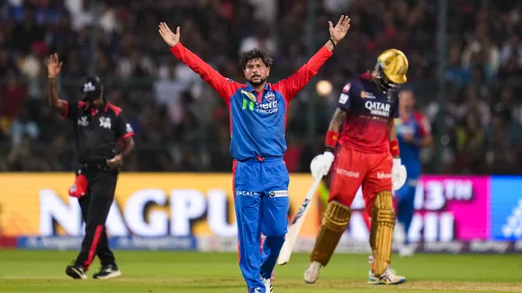 Delhi Capitals' Kuldeep Yadav celebrates the wicket of Royal Challengers Bengaluru's captain Rajat Patidar at the M Chinnaswamy Stadium in Bengaluru on Thursday, April 10, 2025. 