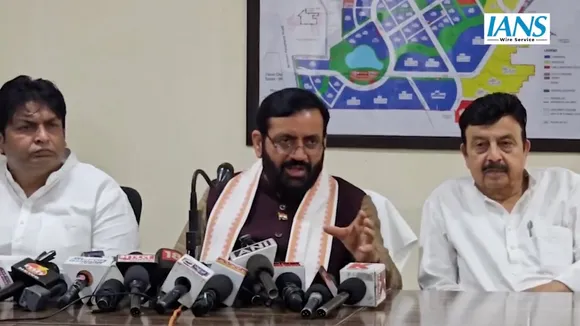 Nayab Singh Saini (centre) and Rao Narbir Singh (right) at a press conference held in Gurugram on Friday, April 11, 2025.