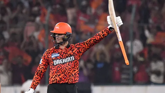 Sunrisers Hyderabad's Abhishek Sharma celebrates his century against Punjab Kings at Rajiv Gandhi International Cricket Stadium Uppal in Hyderabad, Saturday, April 12, 2025.