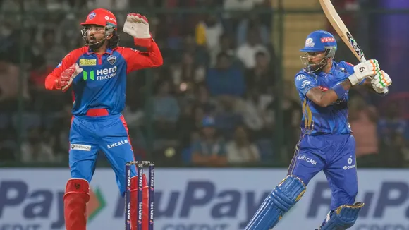 Mumbai Indians' captain Hardik Pandya plays a shot during an IPL match against Delhi Capitals at the Arun Jaitley Stadium in New Delhi on Sunday, April 13, 2025.