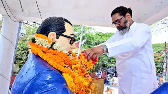 Chief Minister Hemant Soren pays floral tributes to BR Ambedkar on his 135th birth anniversary.