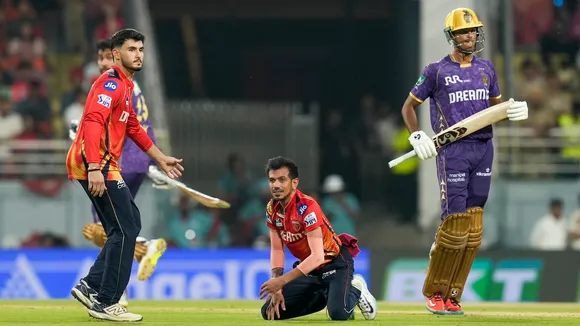 Punjab Kings’ Yujvendra Chahal reacts during an IPL match against Kolkata Knight Riders on Tuesday, April 15, 2025.