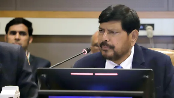 Minister of State for Social Justice and Empowerment Ramdas Athawale during the commemoration of BR Ambedkar's birth anniversary at the United Nations on Monday, April 14, 2025.