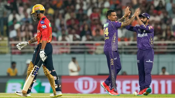 KKR's Sunil Narine celebrates with teammates the wicket of PBKS batter Suryansh Shedge at Maharaja Yadavindra Singh International Cricket Stadium in New Chandigarh on Tuesday, April 15, 2025.