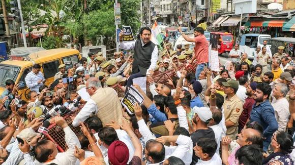 INC cadres stage a protest after the Enforcement Directorate filed a chargesheet against Congress Parliamentary Party Chairperson Sonia Gandhi and LoP in the Lok Sabha and party leader Rahul Gandhi in the National Herald case, in Jammu.