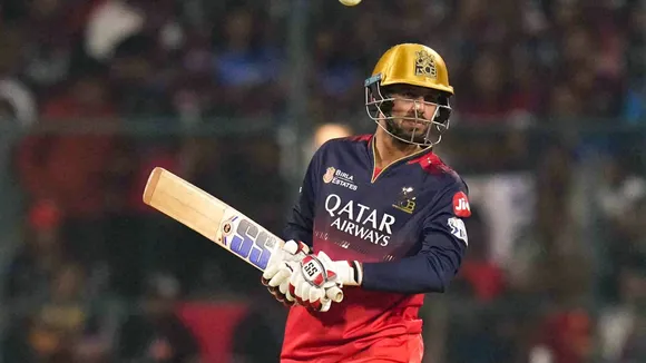 Jitesh Sharma leaves a delivery during IPL 2025 T20 cricket match between RCB and DC, at the M Chinnaswamy Stadium, in Bengaluru.