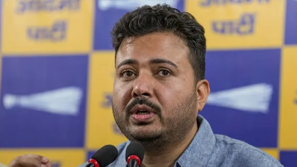 Senior AAP leader Durgesh Pathak addresses a press conference, in New Delhi.