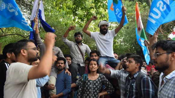 Supporters of NSUI’s presidential candidate Pradeep Dhaka after final nominations for the upcoming JNU Students Unin elections in New Delhi on Thursday, April 1, 2025.