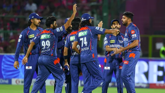 Lucknow Super Giants’ players celebrate the wicket of Rajasthan Royals’ Yashasvi Jaiswal at Sawai Mansingh Stadium in Jaipur on Saturday, April 19, 2025.