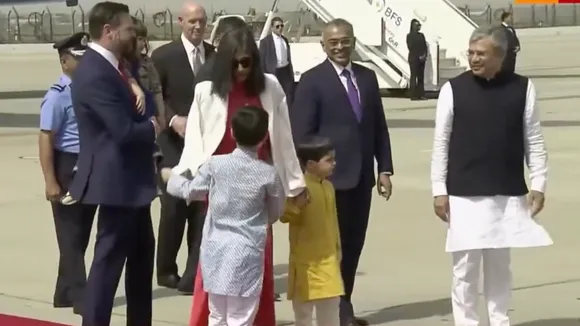 JD Vance and family received by Union Minister Ashwini Vaishnaw in New Delhi on Monday, April 21, 2025.