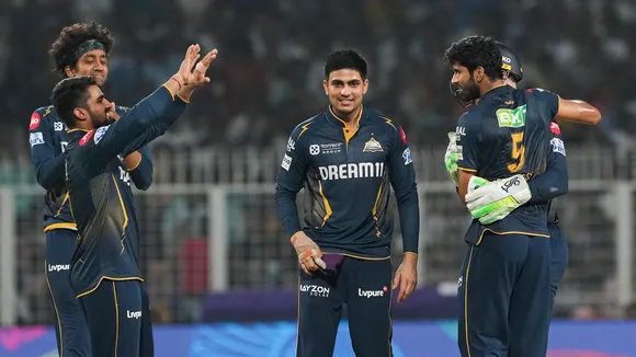 Gujarat Titans’ Sai Kishore with Shubman Gill and others during an IPL match against Kolkata Knight Righters at Eden Gardens in Kolkata on Monday, April 21, 2025.