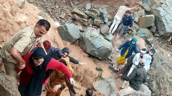 People being rescued after heavy rain triggered flash floods in Ramban district of J&K on Sunday, April 20, 2025
