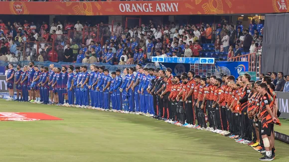 Players and umpires observe a moment of silence to pay respects to the victims of the Pahalgam terror attack before the start of the IPL match between Sunrisers Hyderabad and Mumbai Indians in Hyderabad on Wednesday, April 23, 2025.