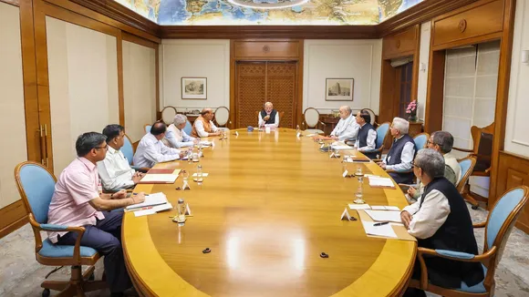 In this image released by PMO on Wednesday, April 23, 2025, Prime Minister Narendra Modi chairs a meeting of the Cabinet Committee on Security (CCS), in New Delhi. At least 26 people were killed in a terror attack in Pahalgam of Jammu & Kashmir, on Tuesday.