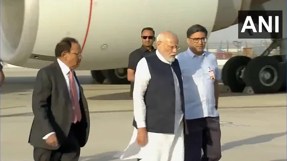 Ajit Doval (left) and Narendra Modi at Delhi Airport on Wednesday, April 23, 2025.