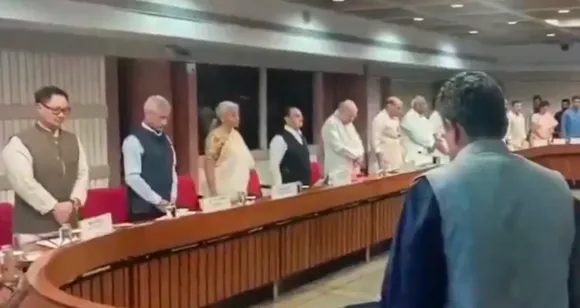 Leaders across party lines observe a moment of silence to pay respects to the victims of the Pahalgam terror attack during an all-party meeting convened by the Centre on the attack in New Delhi on Thursday, April 24, 2025.