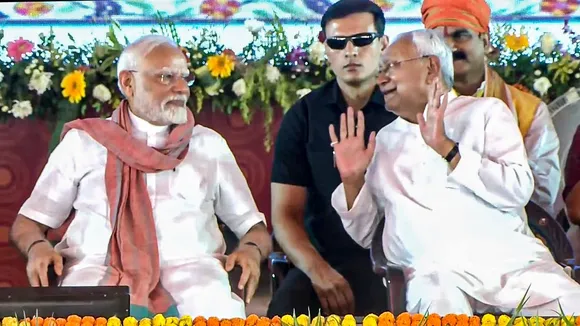PM Modi with Bihar CM Nitish Kumar during the National Panchayati Raj Day programme, in Madhubani district, Bihar.