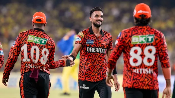 Sunrisers Hyderabad?s Harshal Patel celebrates with teammates after taking the wicket of Chennai Super Kings? Dewald Brevis during an Indian Premier League (IPL) 2025 T20 cricket match between Chennai Super Kings and Sunrisers Hyderabad, at the MA Chidambaram Stadium in Chennai on Friday, April 25, 2025.