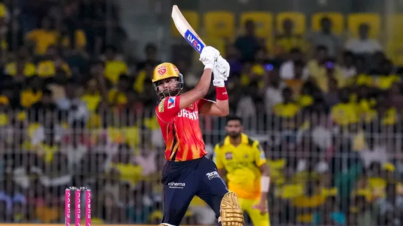Punjab Kings' Shreyas Iyer plays a shot against Chennai Super Kings in Channai on Wednesday, April 30, 2025.