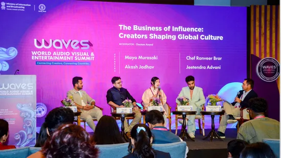 Vice President YouTube Gautam Anand, Mayo Murasaki, chef Ranveer Brar and  during a session titled The Business of Influence: Creators Shaping Global Culture at WAVES 2025, in. Mumbai.