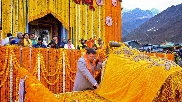 Uttarakhand Chief Minister Pushkar Singh Dhami at the opening of the portal of Kedarnath Temple, in Rudraprayag district.