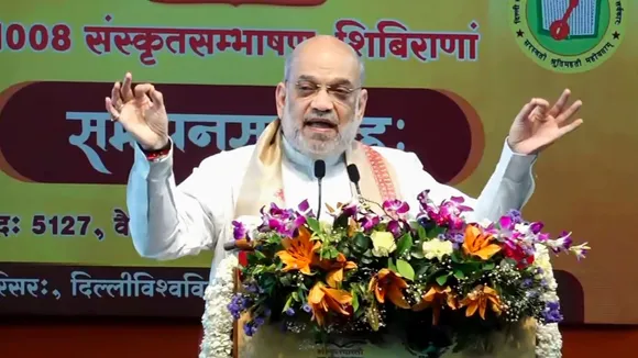 Amit Shah addresses during the closing ceremony of 1,008 free 'Sanskrit conversation camps, organised by RSS-affiliated Sanskrit Bharati RSS-affiliated Sanskrit Bharati, in New Delh.