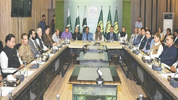 Federal Minister for Information and Broadcasting Attaullah Tarar and ISPR DG Lt Gen Ahmed Sharif Chaudhry brief political leaders on national security in Islamabad on Sunday. (Image courtesy: Dawn.com)
