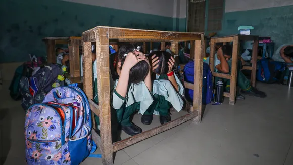 School students during a mock drill on earthquake preparedness in Jammu on Tuesday, May 6, 2025.