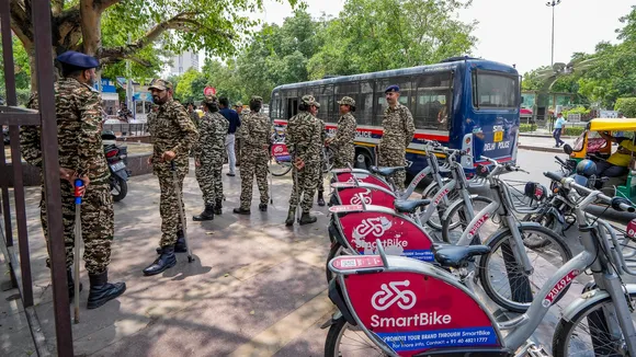 Security personnel deployed at Connaught Place, a day before the nationwide mock drills ordered by the Ministry of Home Affairs in New Delhi on Tuesday, May 6, 2025.