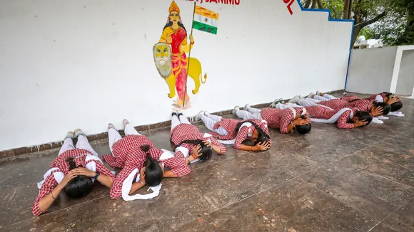 School students during a mock drill on earthquake preparedness in Jammu on Tuesday, May 6, 2025.
