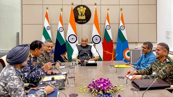 Defence Minister Rajnath Singh holds a meeting with CDS Gen. Anil Chauhan, Army Chief Gen. Upendra Dwivedi, Navy Chief Admiral Dinesh K. Tripathi and IAF Chief Air Chief Marshal A.P. Singh, in New Delhi.