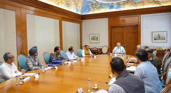 Prime Minister Narendra Modi with Defence Minister Rajnath Singh, National Security Advisor (NSA) Ajit Doval, Chief of the Naval Staff Admiral Dinesh K Tripathi, Chief of the Air Staff Air Chief Marshal AP Singh, and others during a meeting, a day after India and Pakistan reached a bilateral understanding, in New Delhi.