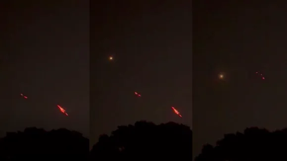 In this combo photo, red streaks seen as India's air defence intercepts suspected drones, near the International Border in Samba district on Monday, May 12, 2025.